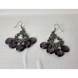 Silver Tone Purple Rhinestone Chandelier Dangle Earrings Boho Statement